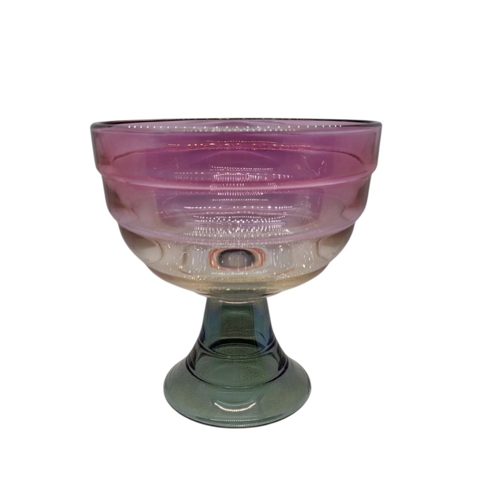 Vintage Iridescent Art Glass Pedestal Bowl Pink Teal Hand Blown Centerpiece 8.5"